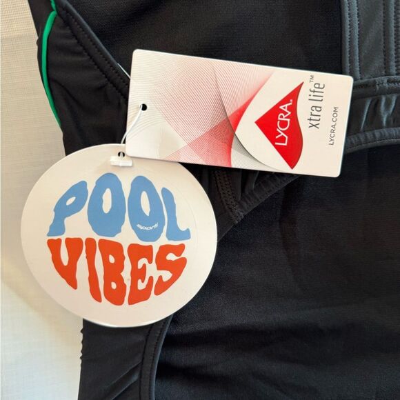 Sporti Piped Splice Wide Strap One Piece Swimsuit Black Green 38 NWT - Picture 5 of 9